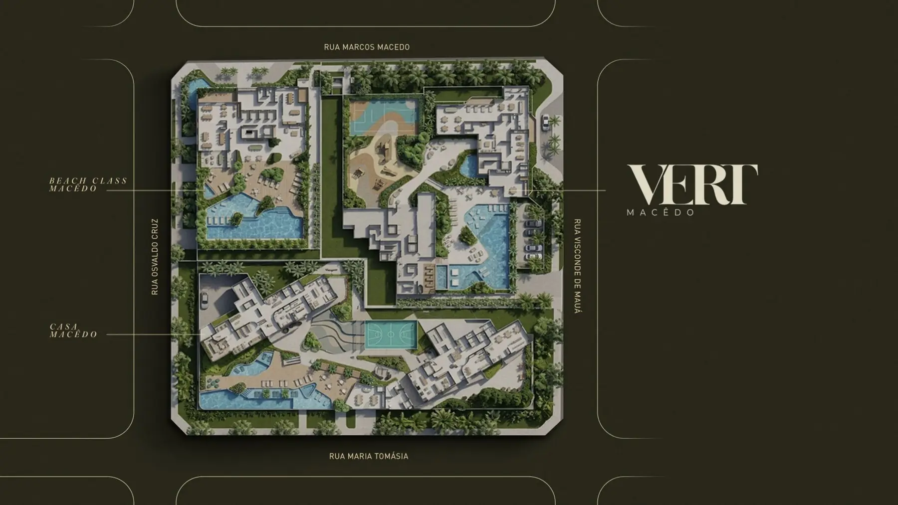 Vista aérea do masterplan do conjunto Macedo, com torres, piscinas e áreas verdes.